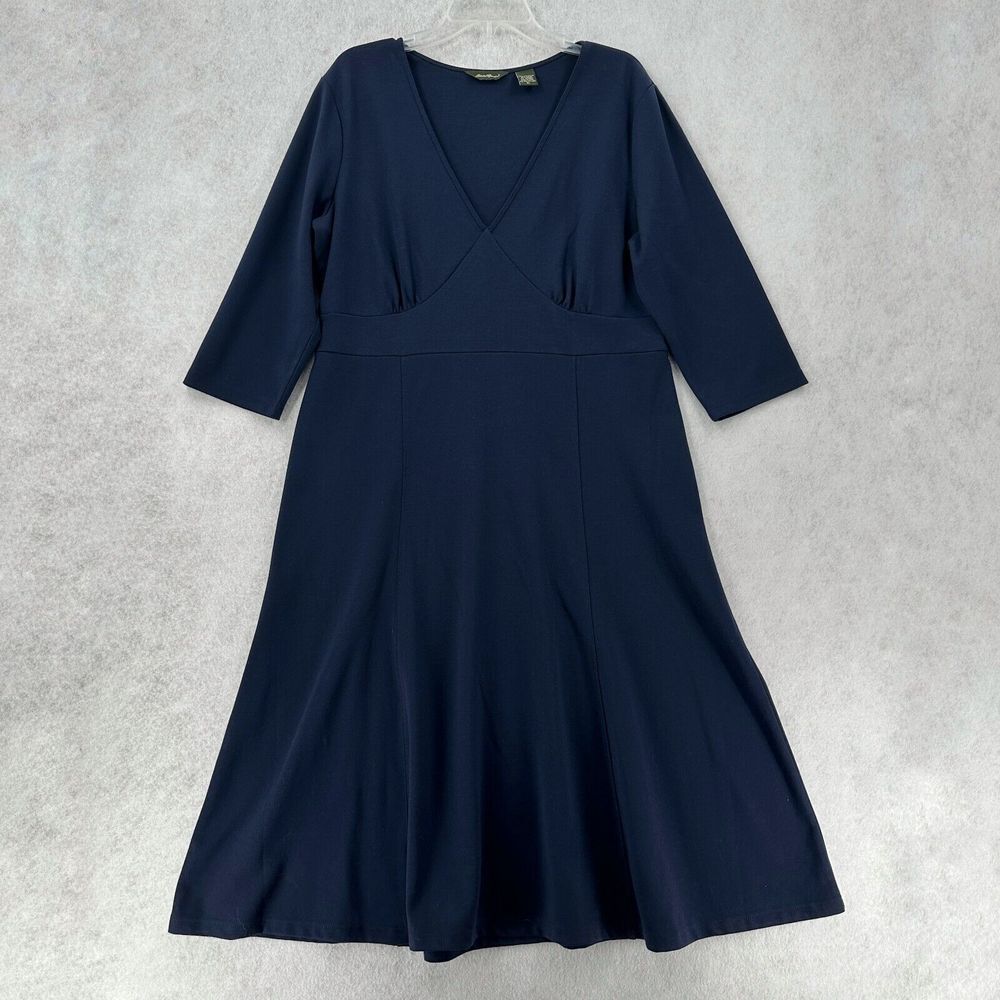 Eddie Bauer Ponte Midi Dress Womens XL Blue 3/4‎ Sleeve Stretch Jersey Knit